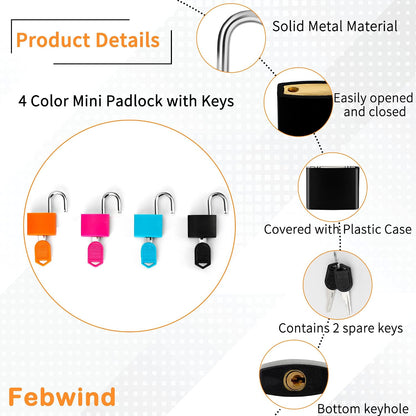 4-Pack Multicolor Mini Keyed Padlocks – Portable Small Metal Luggage Locks with Keys for Suitcase, Backpack & Laptop Bag